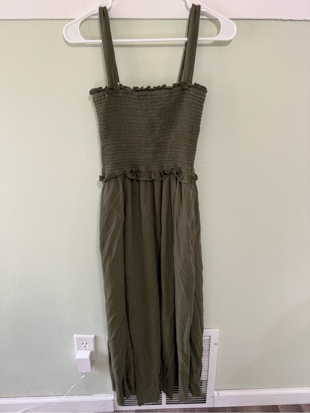aerie Olive Green Smocked Maxi Dress with Ruffle Trim